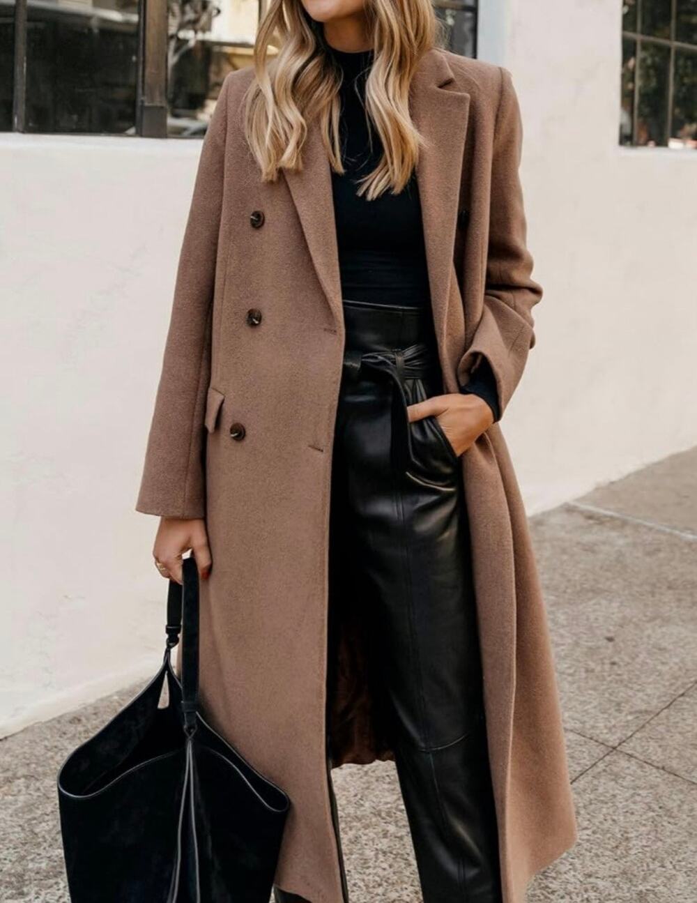 Women's Long Wool Blend Coat Dark Khaki Double Breasted Peacoat